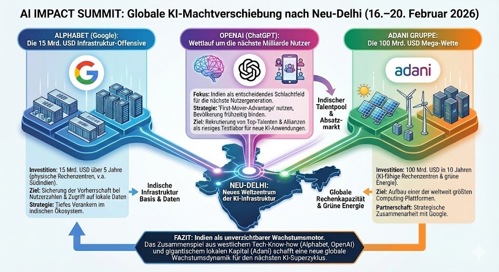 Die Grafik illustriert mit Alphabet und OpenAI die wichtigsten Teilnehmer beim AI Impact Summit in Neu-Delhi. Adani verkündete eine 100 Mrd. USD schwere Investition in KI-Infrastruktur.KI-generiert mit Gemini (NANO BANANA)