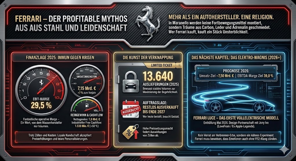 Die Grafik geht auf die stabilen Ergebnisse trotz höherer Zölle ein. Bis 2027 ist Ferrari bereits restlos ausverkauft. Das nächste Kapitel möchte man mit dem Ferrari Luce schaffen, ein vollelektrisches Modell. Bildnachweis: KI-generiert mit Gemini (NANO BANANA)