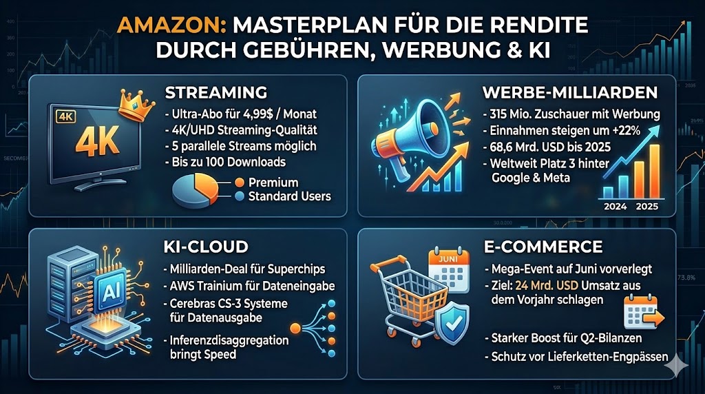 Die Infografik geht auf die verschiedenen Bereiche wie Streaming, KI-Cloud, Werbegeschäft und E-Commerce ein, in denen Amazon seine Rendite erhöhen möchte.KI-generiert mit Gemini (NANO BANANA)