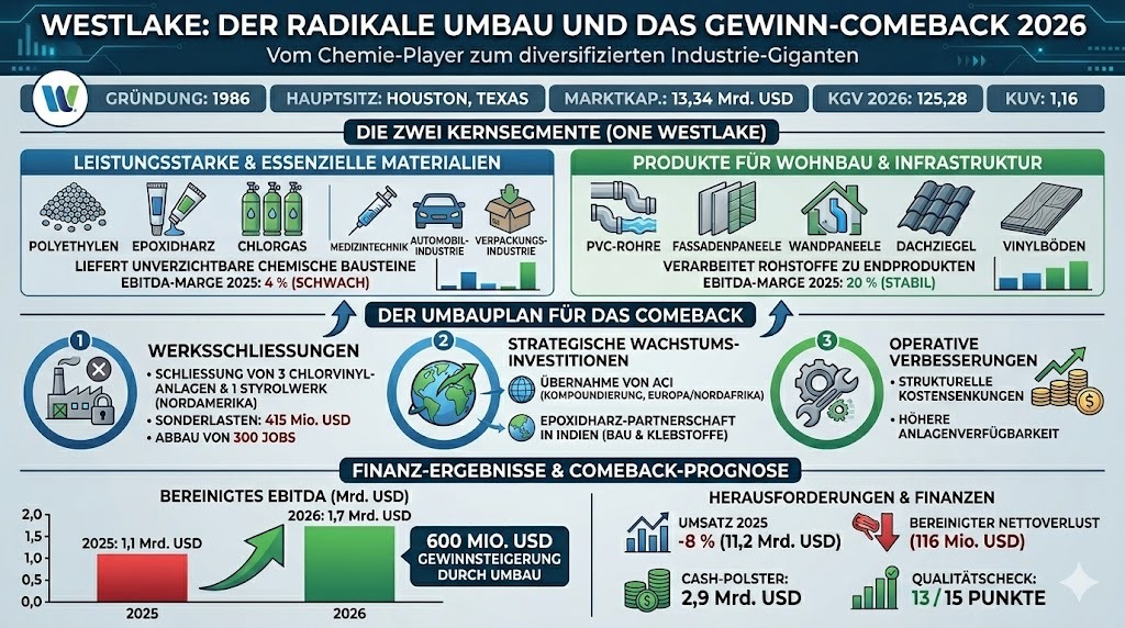 Die Grafik illustriert die zwei Kernsegmente von Westlake und skizziert das Potenzial der Umbaumaßnahmen durch Werksschließungen. KI-generiert mit Gemini (NANO BANANA)